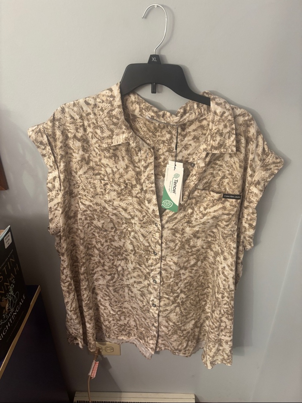 Calvin Klein Beige Brown Printed Button-Front Blouse
